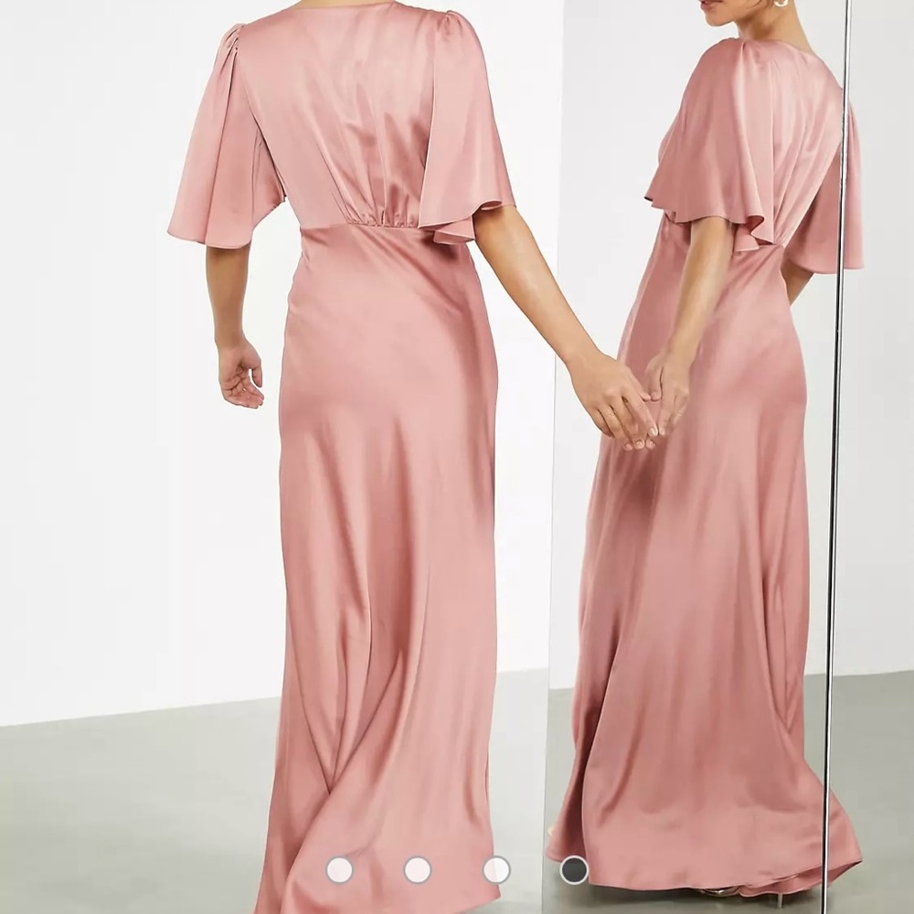 ASOS Bridesmaid satin flutter sleeve maxi dress with button front in dusky rose - Picture 3 of 4